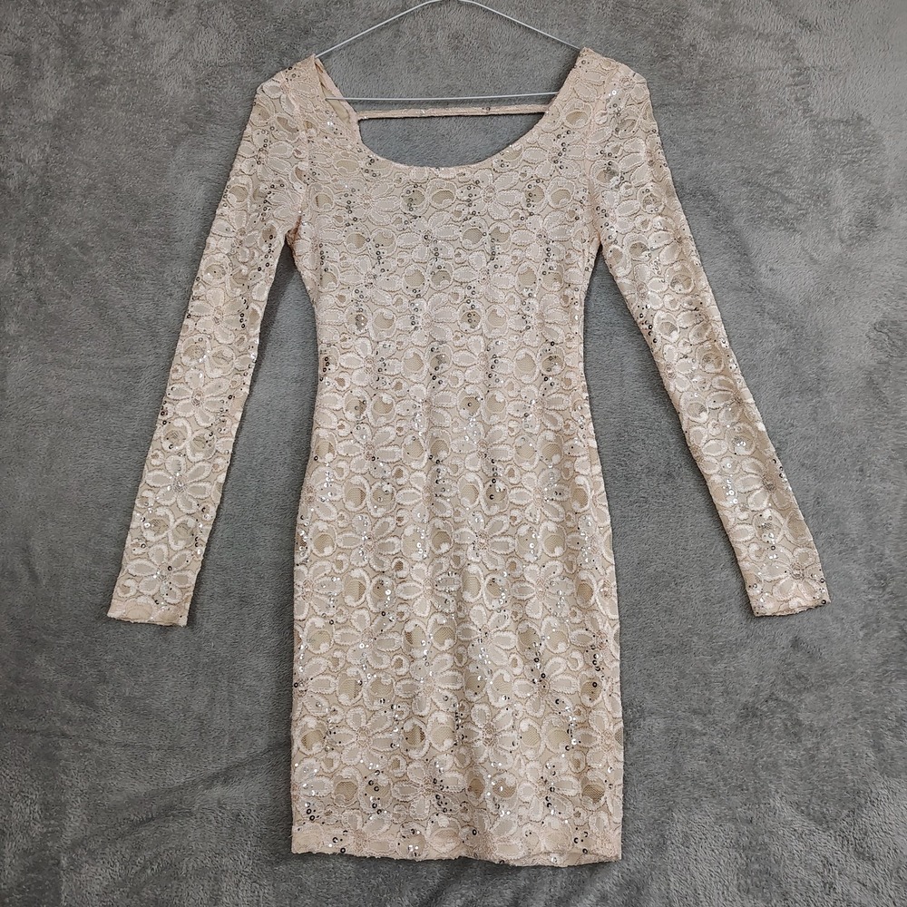 Womens‎ M Long Sleeve Sequin Mini Cocktail Dress Champagne Club Wear Floral Lace